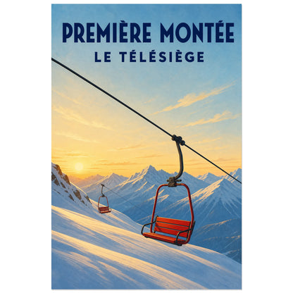 Affiche Première montée – Le télésiège, illustration alpine rétro contemporaine à lumière matinale verticale, format 40 × 60 cm
