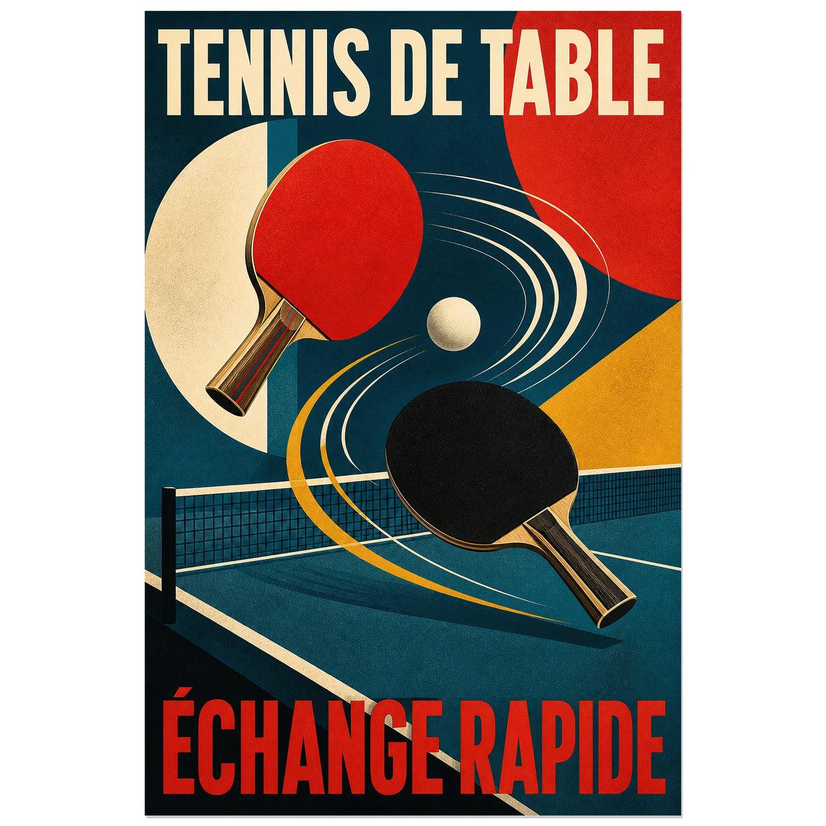 Deux raquettes de tennis de table et balle blanche, affiche 30 × 45 cm