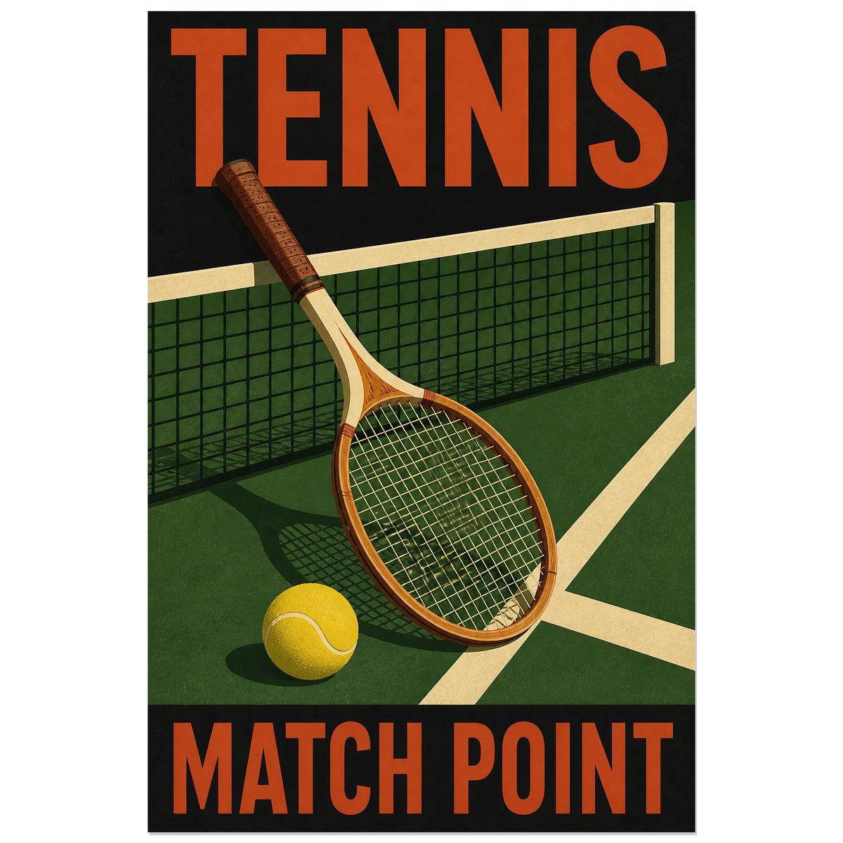 Raquette en bois et balle près du filet, affiche Match Point 30 × 45 cm