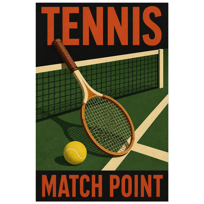 Raquette en bois et balle près du filet, affiche Match Point 30 × 45 cm