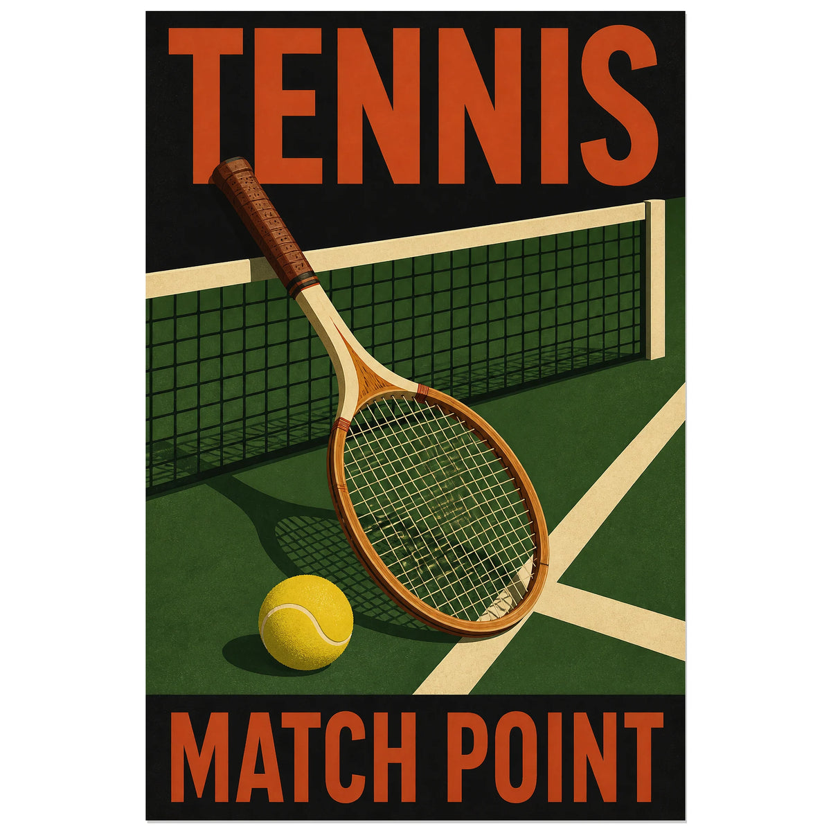 Nature morte de tennis avec raquette, balle et filet, affiche 60 × 90 cm