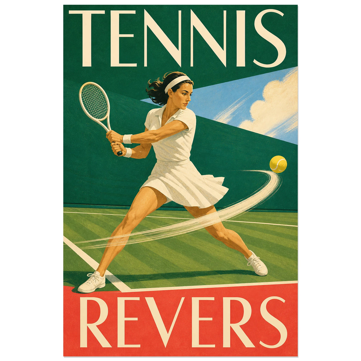 Joueuse de tennis préparant un revers à deux mains, affiche 30 × 45 cm
