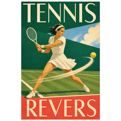 Balle jaune et joueuse en blanc sur court vert, affiche 40 × 60 cm