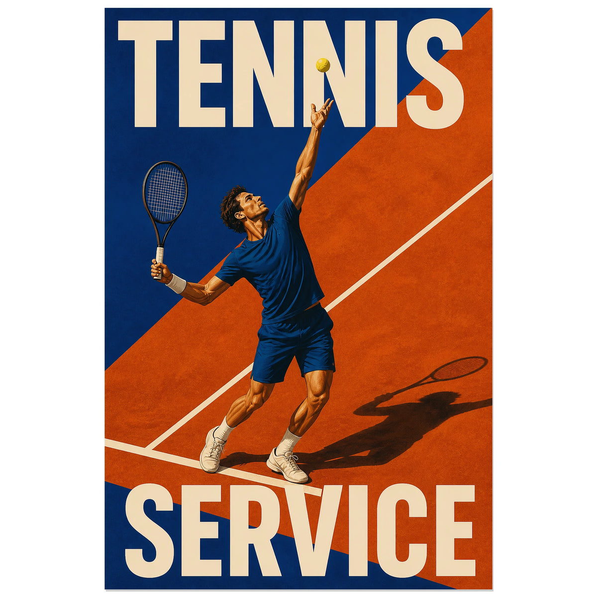 Joueur au lancer de balle sur court orange, affiche Tennis Service 30 × 45 cm