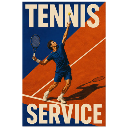 Affiche tennis 40 × 60 cm avec raquette levée et ombre sur terre battue stylisée
