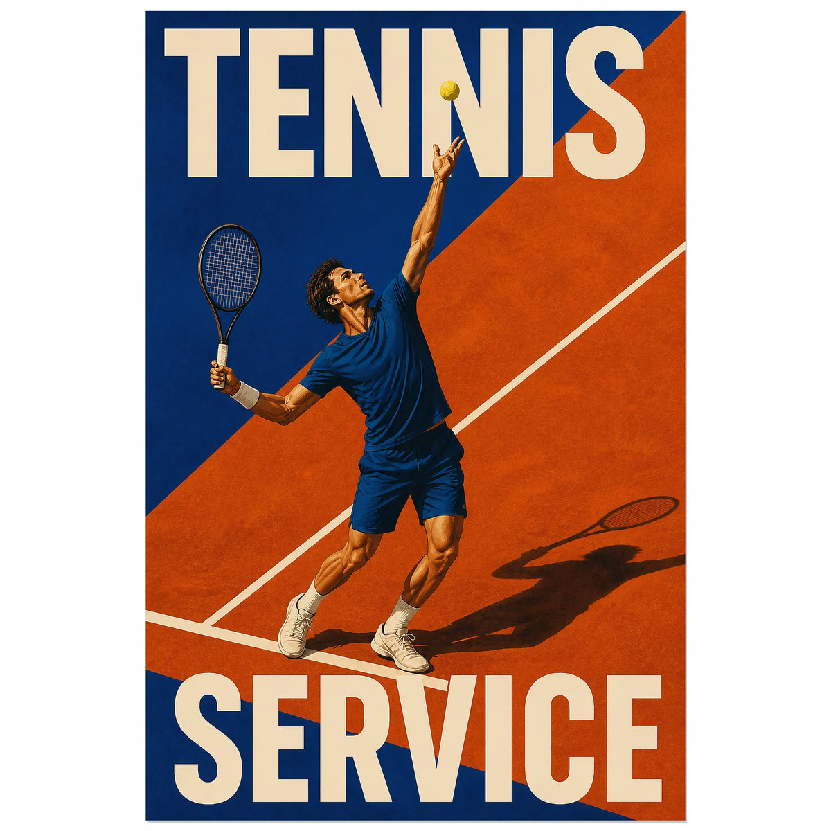 Illustration du service au tennis en bleu et orange, affiche 60 × 90 cm