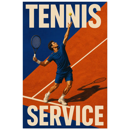 Illustration du service au tennis en bleu et orange, affiche 60 × 90 cm