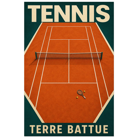 Court de terre battue vide avec raquette et deux balles, affiche 30 × 45 cm