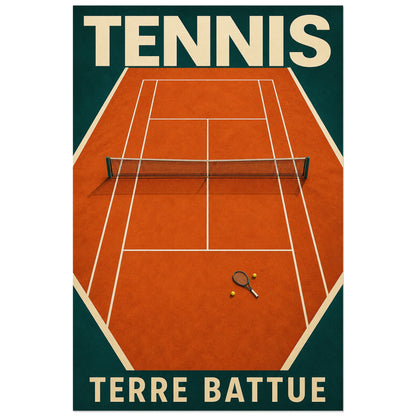 Filet, raquette et court de tennis en terre battue, affiche 60 × 90 cm