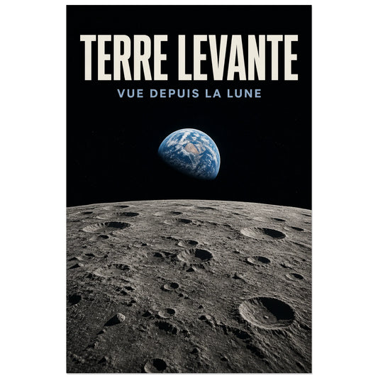 Affiche Terre levante – Vue depuis la Lune, illustration astronomique photoréaliste verticale, format 30 × 45 cm