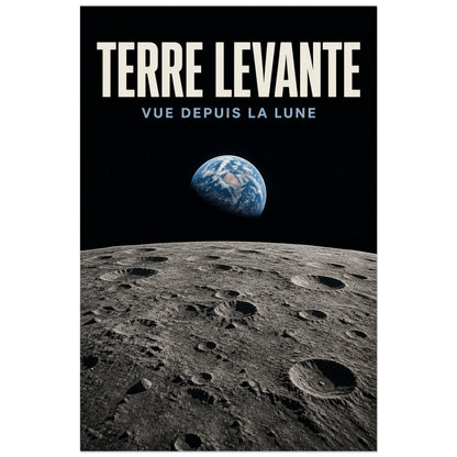 Affiche Terre levante – Vue depuis la Lune, illustration astronomique photoréaliste verticale, format 60 × 90 cm