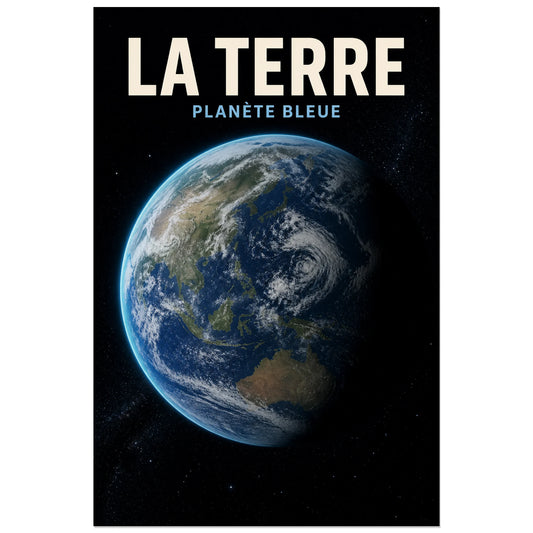 Affiche La Terre – Planète bleue, illustration planétaire photoréaliste verticale, format 30 × 45 cm