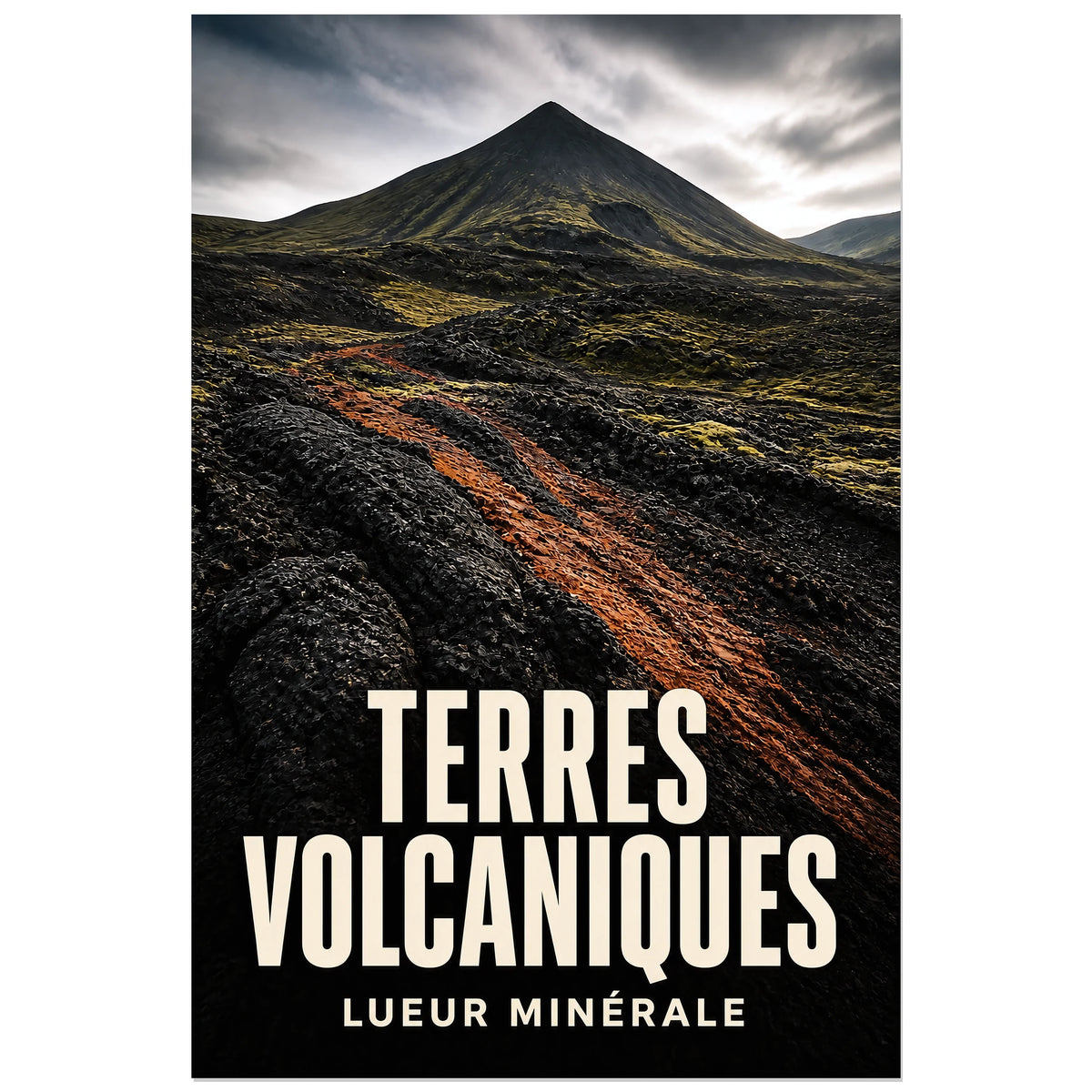 Affiche Terres volcaniques - Lueur minérale, photographie de paysage volcanique dramatique verticale, format 40 × 60 cm