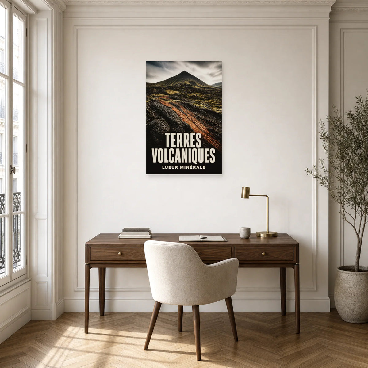 Affiche Terres volcaniques - Lueur minérale dans un bureau - Art Virtuoso