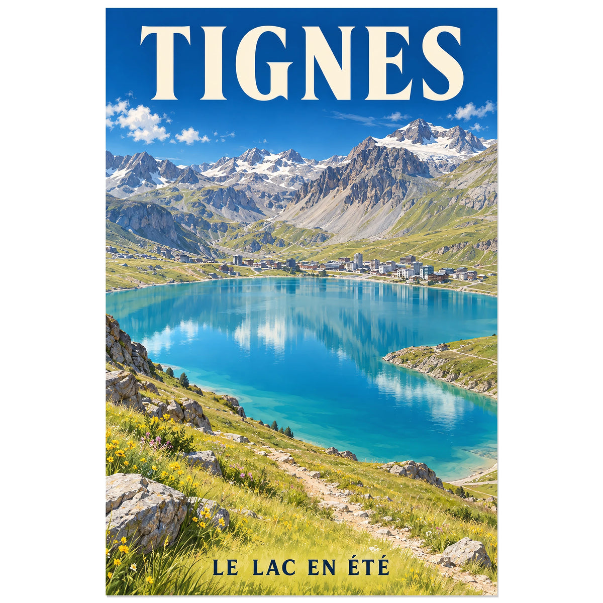 Affiche Tignes – Lac d’été, illustration réaliste / affiche touristique verticale, format 30 × 45 cm