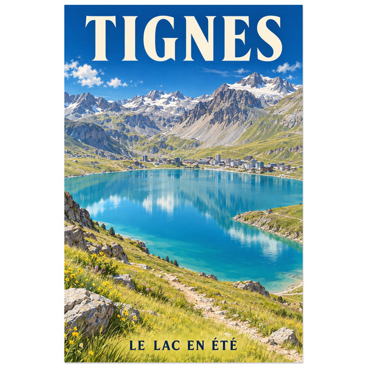Affiche Tignes – Lac d’été, illustration réaliste / affiche touristique verticale, format 30 × 45 cm