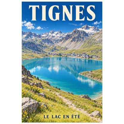Affiche Tignes – Lac d’été, illustration réaliste / affiche touristique verticale, format 40 × 60 cm