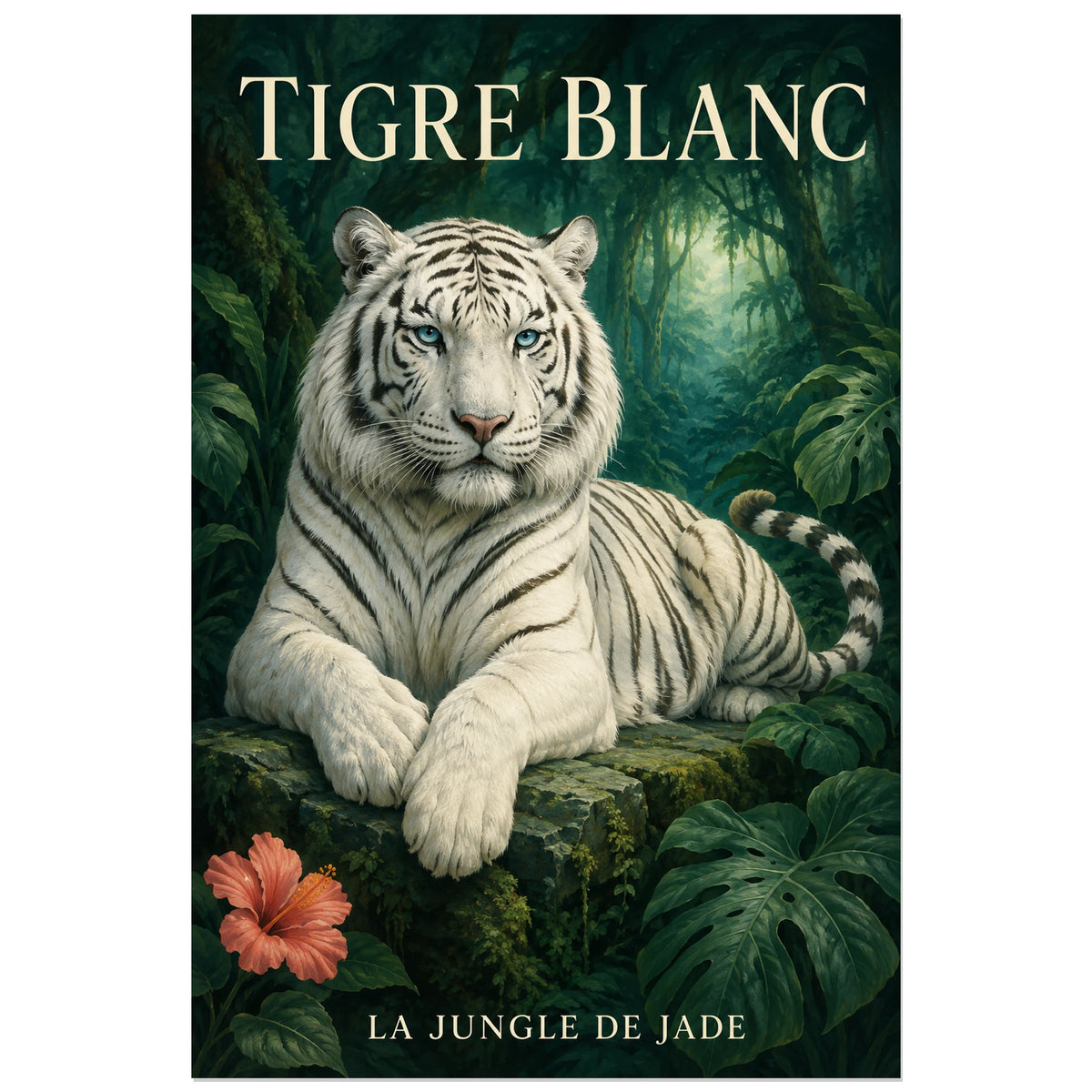 Affiche Tigre blanc, la jungle de jade, illustration naturaliste peinte à typographie intégrée verticale, format 30 × 45 cm