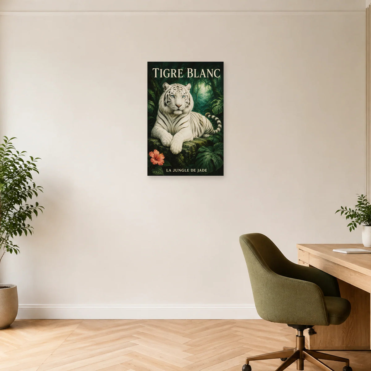Affiche Tigre blanc, la jungle de jade dans un bureau - Art Virtuoso