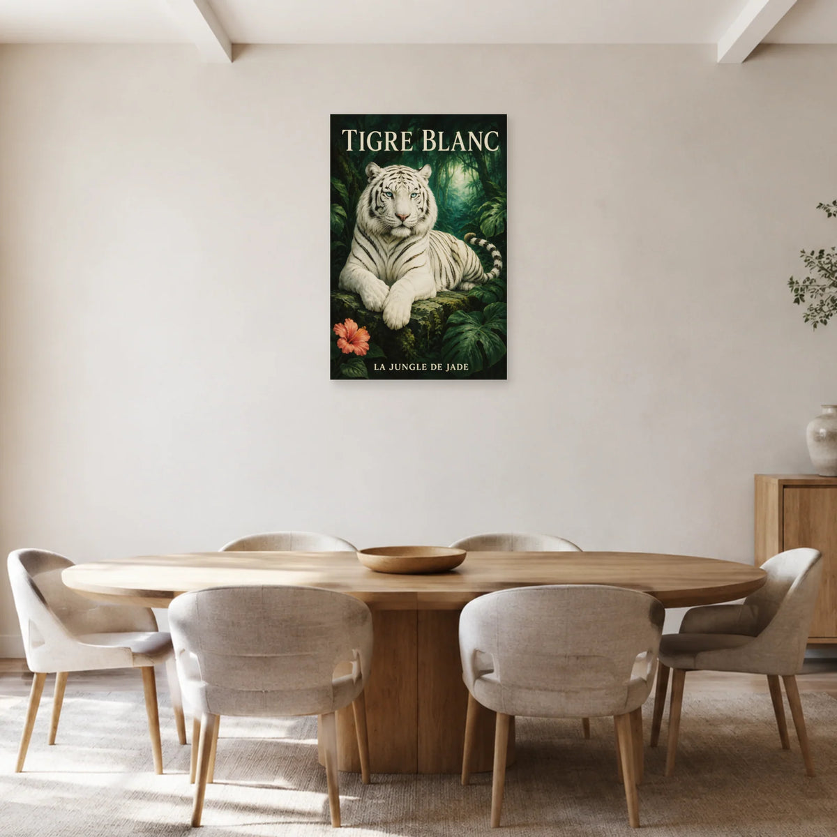 Affiche Tigre blanc, la jungle de jade dans une salle à manger - Art Virtuoso
