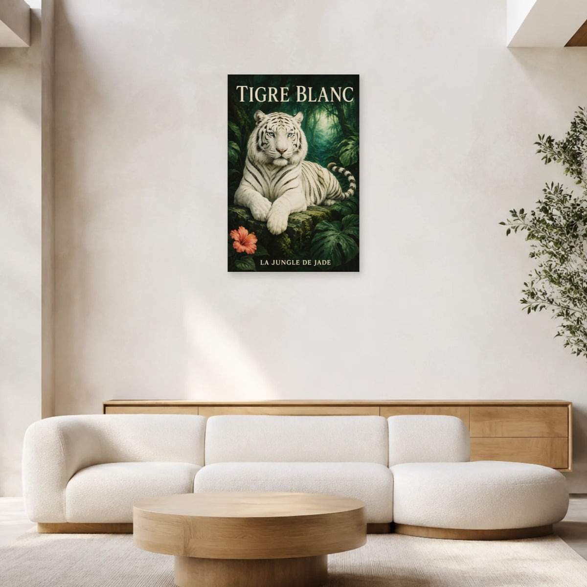 Affiche Tigre blanc, la jungle de jade dans un salon - Art Virtuoso
