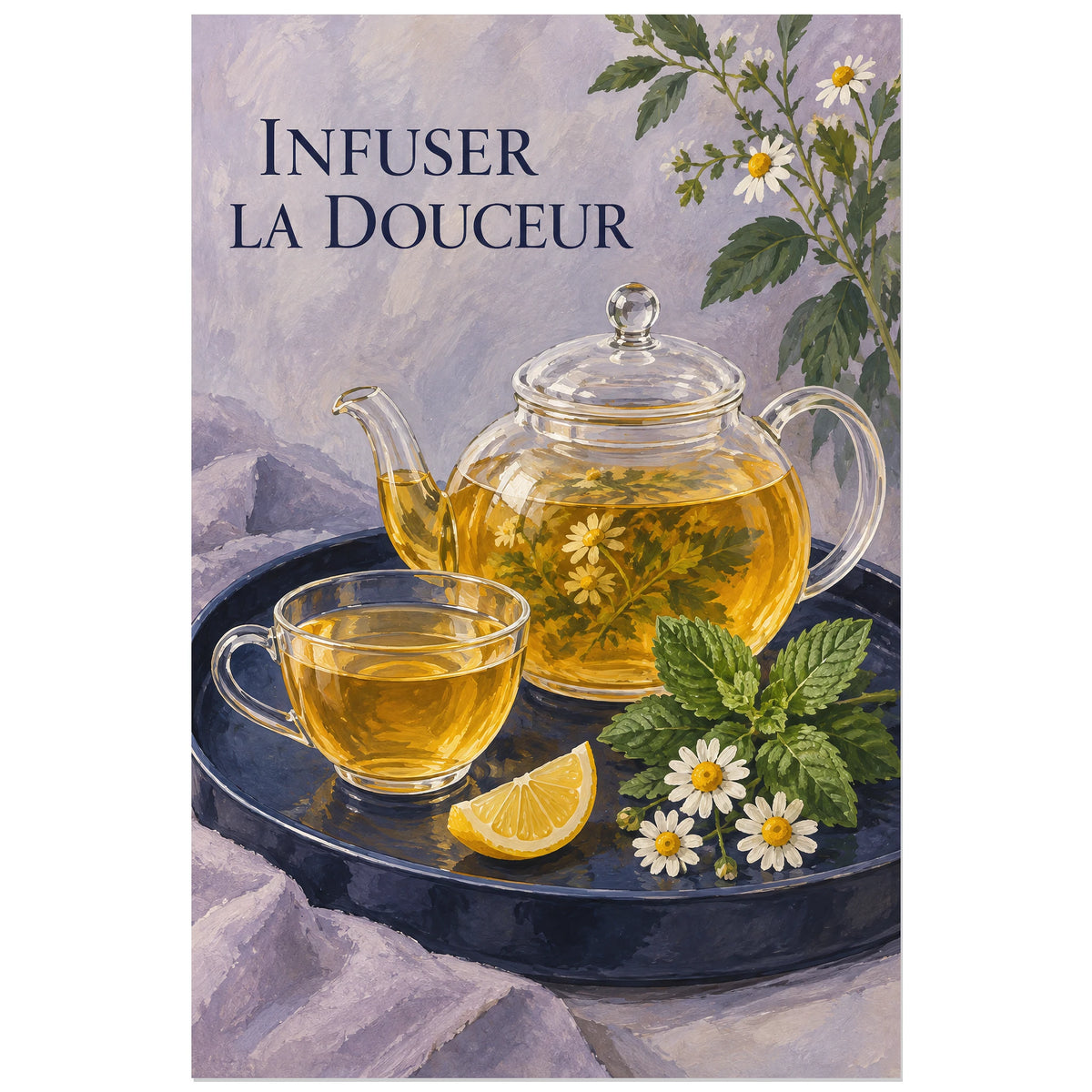 Théière et tasse transparentes avec infusion ambrée sur plateau bleu, affiche 30 × 45 cm