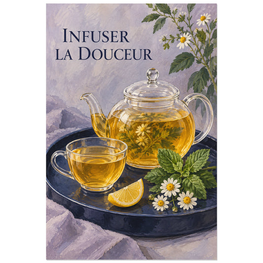 Théière et tasse transparentes avec infusion ambrée sur plateau bleu, affiche 30 × 45 cm