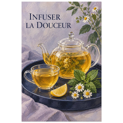 Affiche Infuser la douceur sur fond lavande avec théière et tasse, 60 × 90 cm