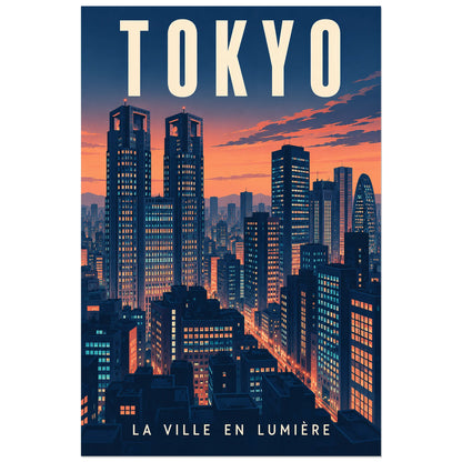 Affiche Tokyo - Shinjuku au crépuscule, illustration architecturale / affiche touristique verticale, format 60 × 90 cm