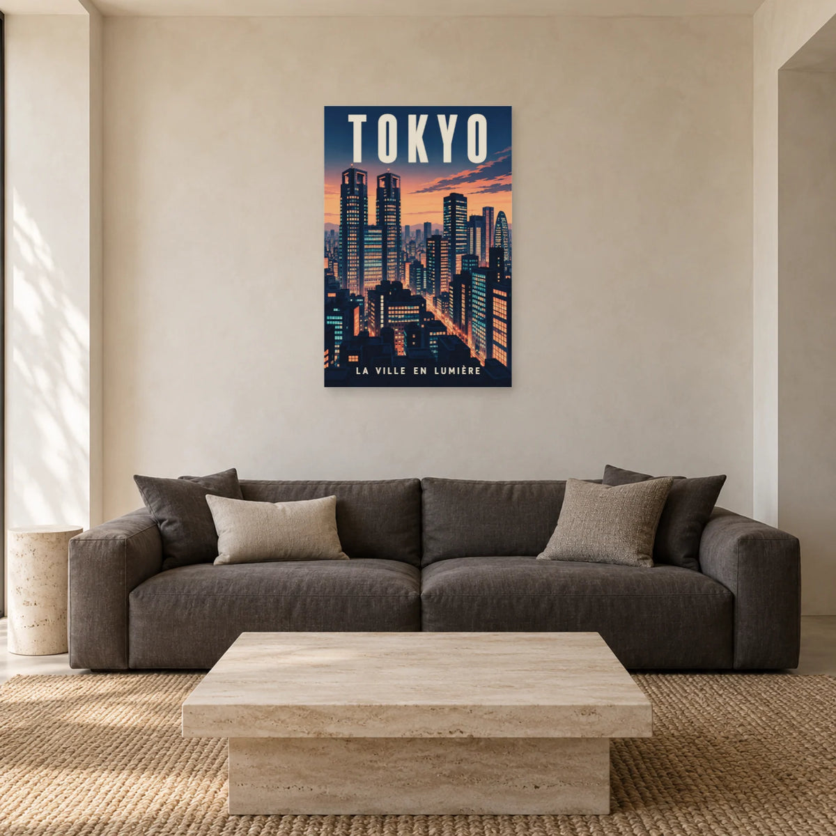 Affiche Tokyo - Shinjuku au crépuscule dans un salon - Art Virtuoso