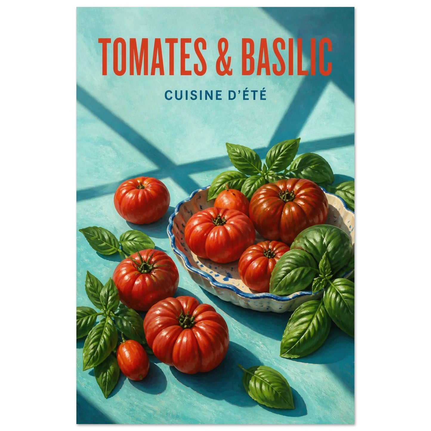 Affiche Tomates & Basilic – Cuisine d’Été, illustration éditoriale verticale, format 30 × 45 cm