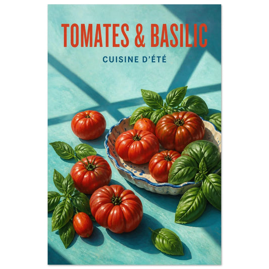 Affiche Tomates & Basilic – Cuisine d’Été, illustration éditoriale verticale, format 30 × 45 cm