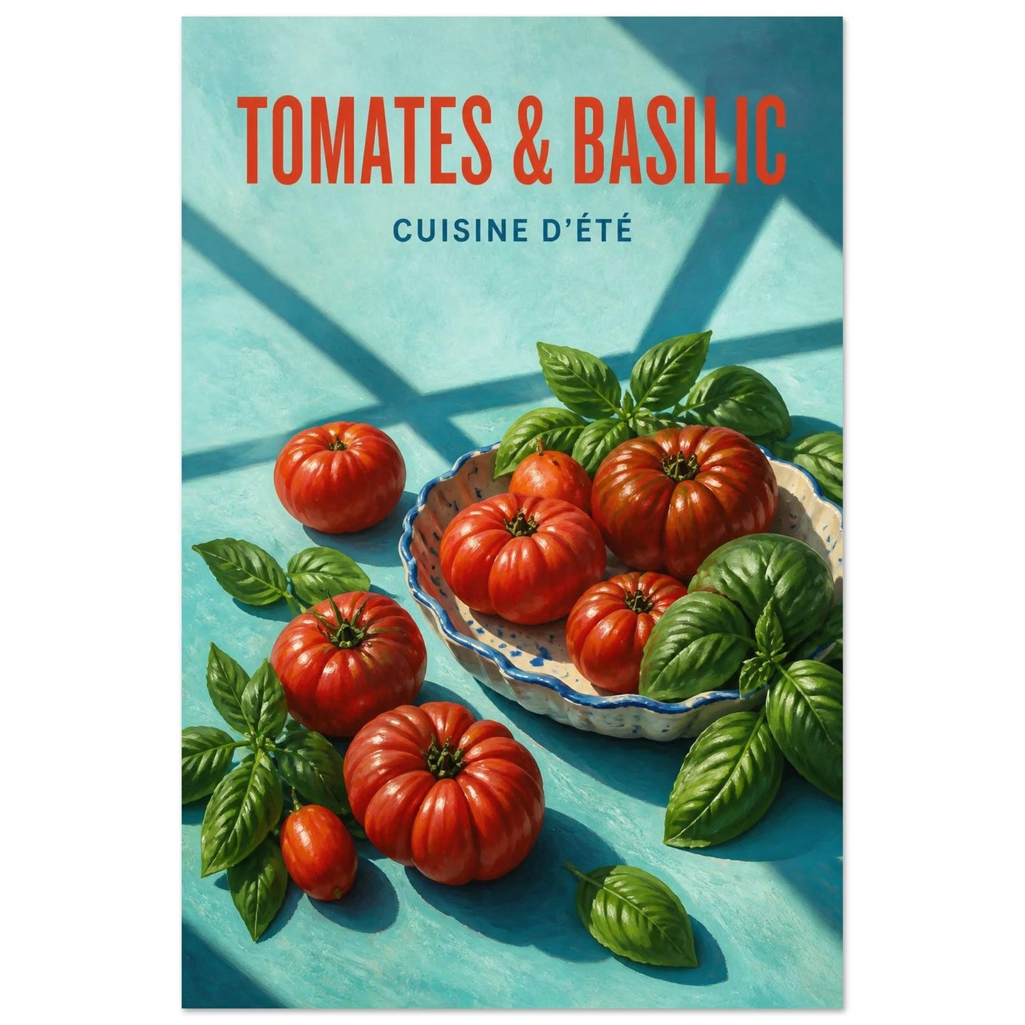 Affiche Tomates & Basilic – Cuisine d’Été, illustration éditoriale verticale, format 60 × 90 cm