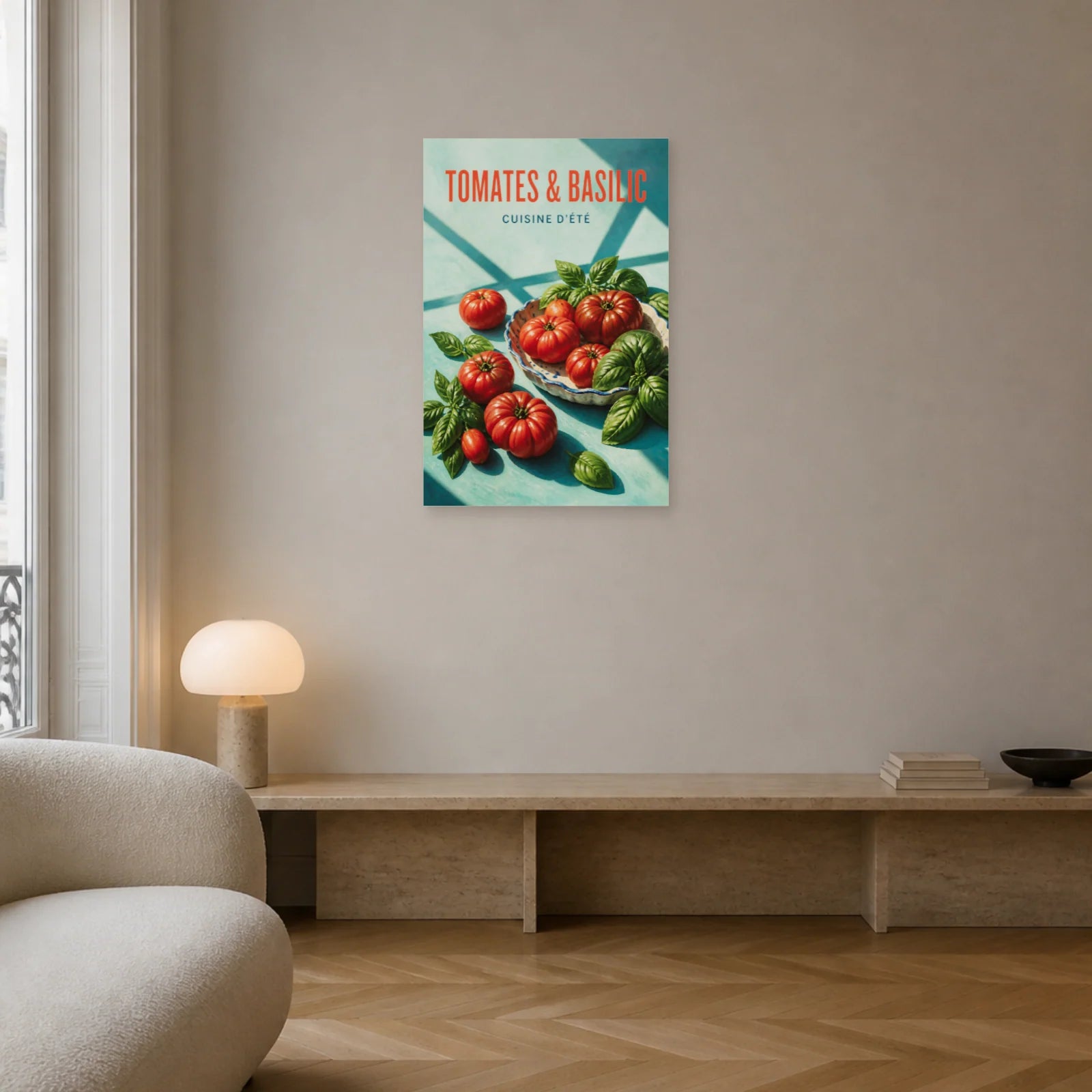 Affiche Tomates & Basilic – Cuisine d’Été dans un salon - Art Virtuoso