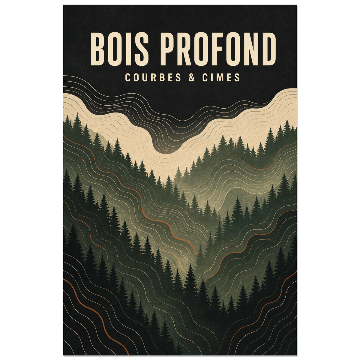 Affiche Bois profond – Courbes et cimes, illustration topographique contemporaine de forêt avec texture imprimée verticale, format 40 × 60 cm