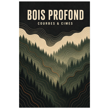 Affiche Bois profond – Courbes et cimes, illustration topographique contemporaine de forêt avec texture imprimée verticale, format 60 × 90 cm
