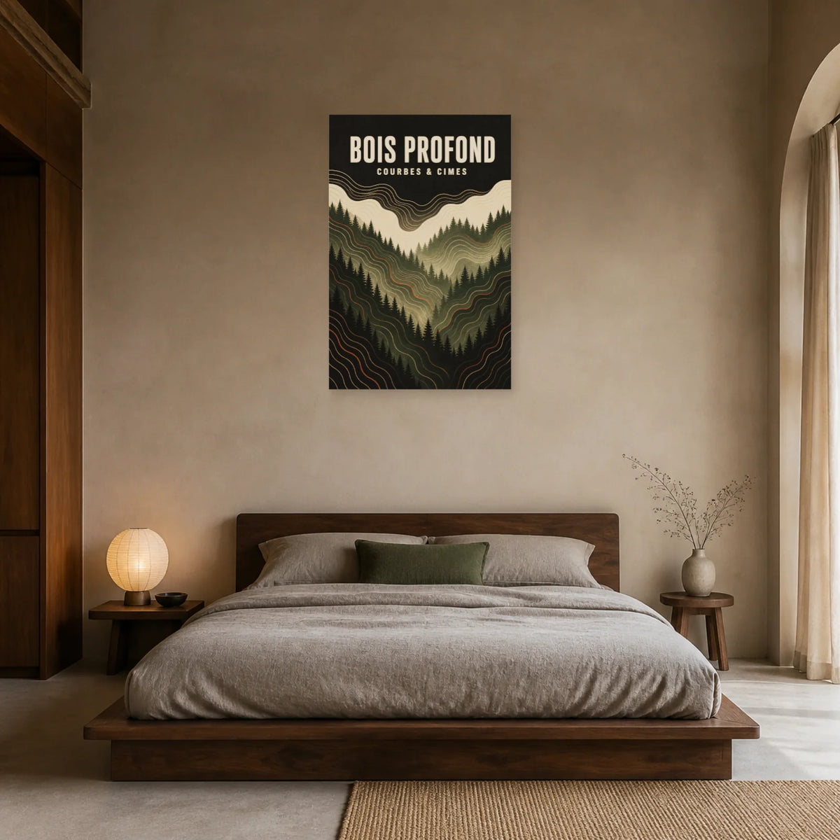 Affiche Bois profond – Courbes et cimes dans une chambre - Art Virtuoso