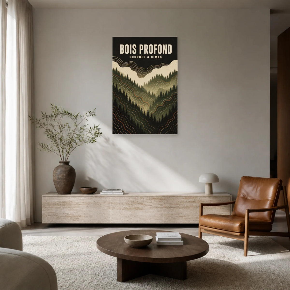 Affiche Bois profond – Courbes et cimes dans un salon - Art Virtuoso