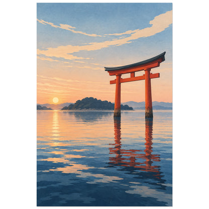 Affiche Torii - Brume de l'aube, illustration peinte / paysage d'inspiration estampe verticale, format 30 × 45 cm