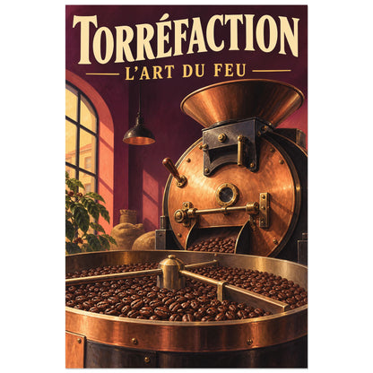 Affiche Torréfaction L'art du feu montrant machine et grains bruns, 60 × 90 cm