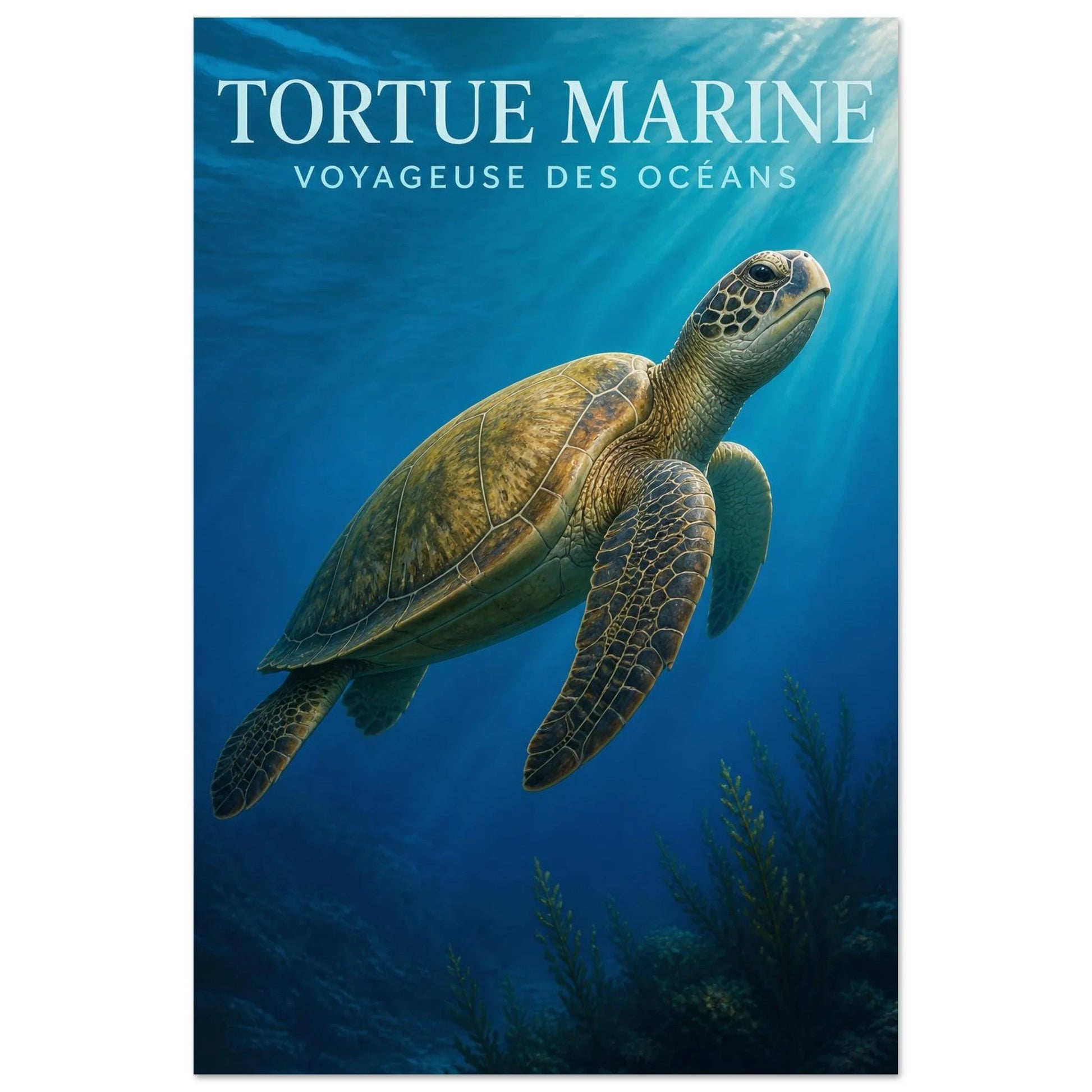 Affiche Tortue Marine – Voyageuse des Océans, illustration éditoriale verticale, format 30 × 45 cm