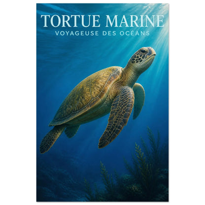 Affiche Tortue Marine – Voyageuse des Océans, illustration éditoriale verticale, format 30 × 45 cm