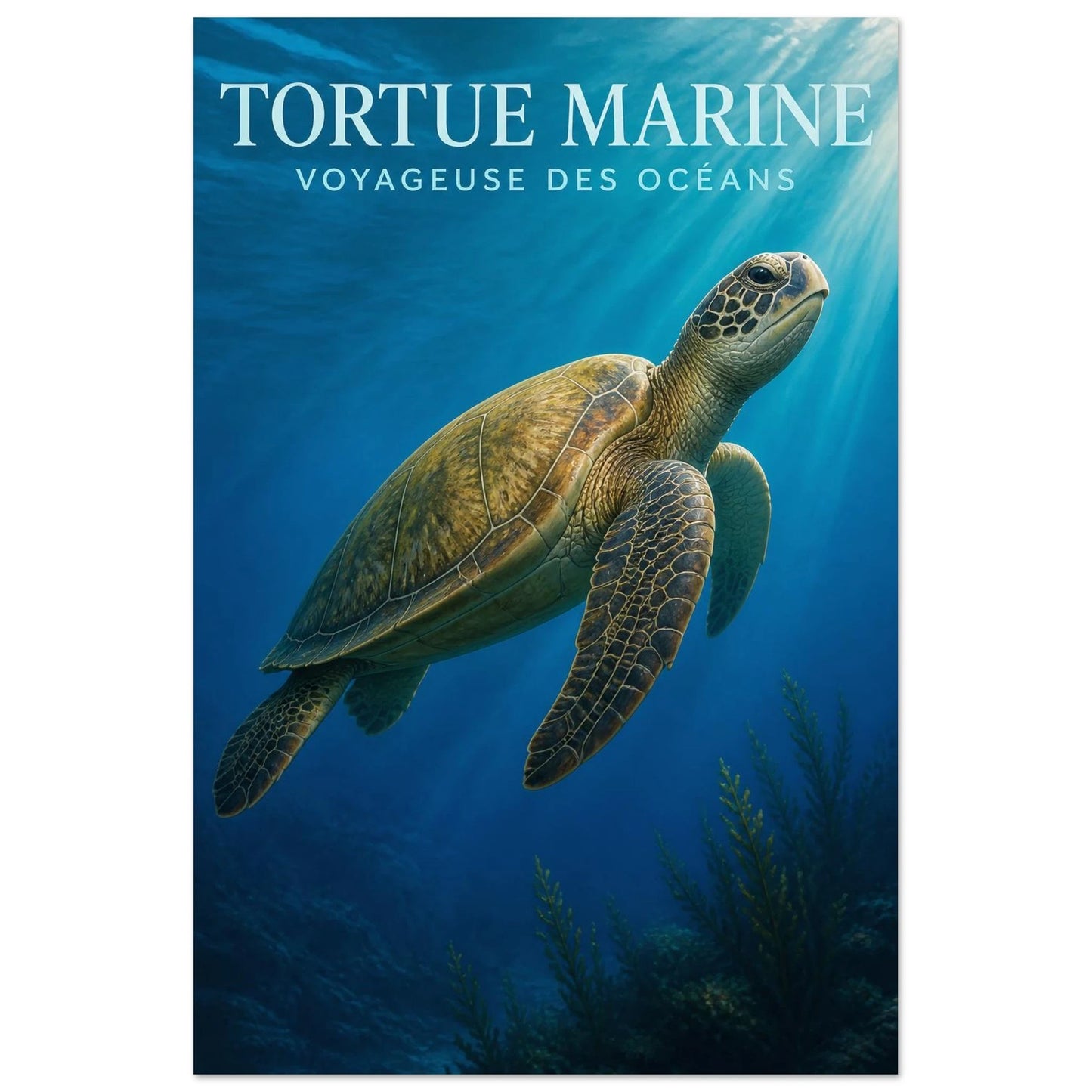Affiche Tortue Marine – Voyageuse des Océans, illustration éditoriale verticale, format 40 × 60 cm