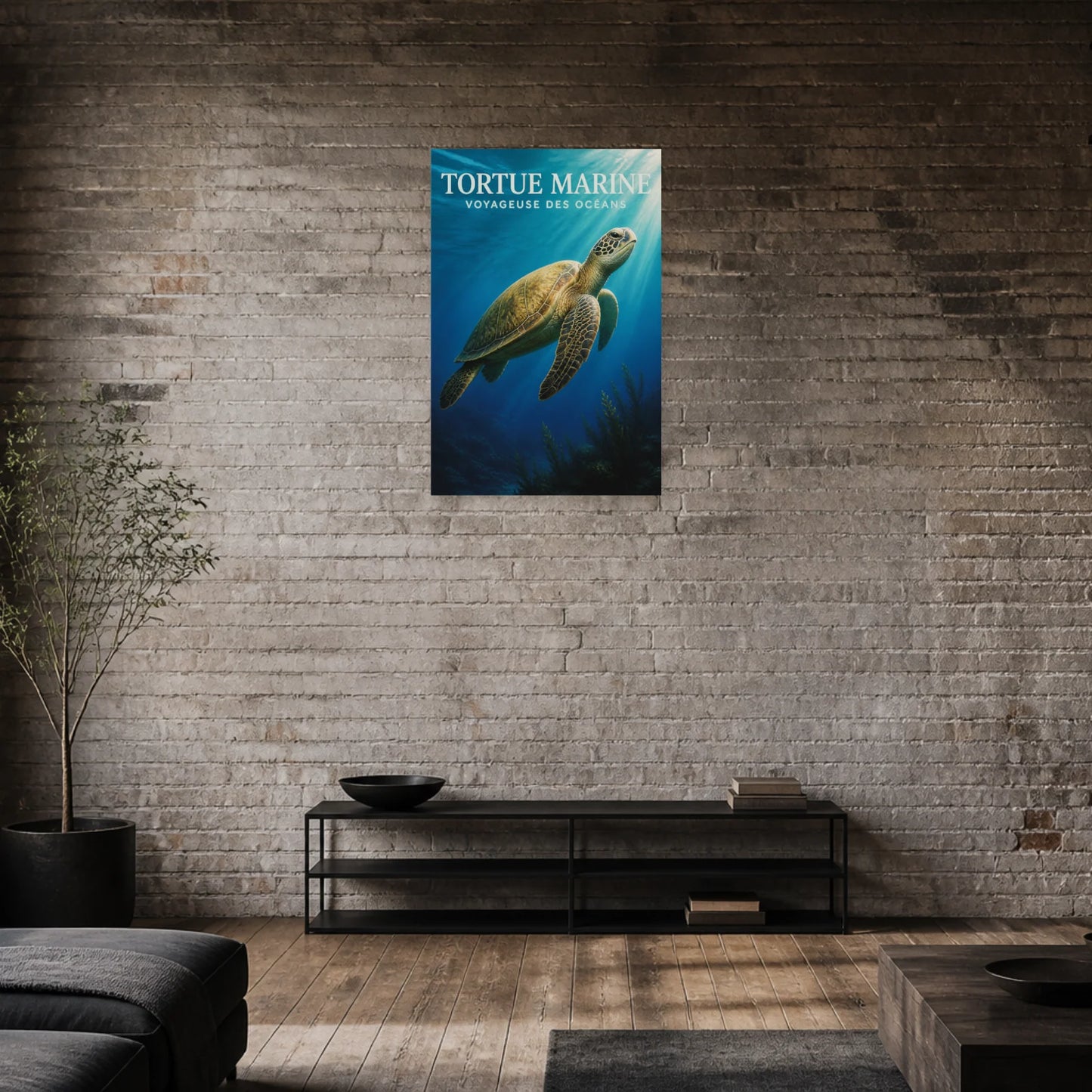 Affiche Tortue Marine – Voyageuse des Océans dans une salle à manger - Art Virtuoso