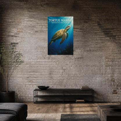 Affiche Tortue Marine – Voyageuse des Océans dans une salle à manger - Art Virtuoso