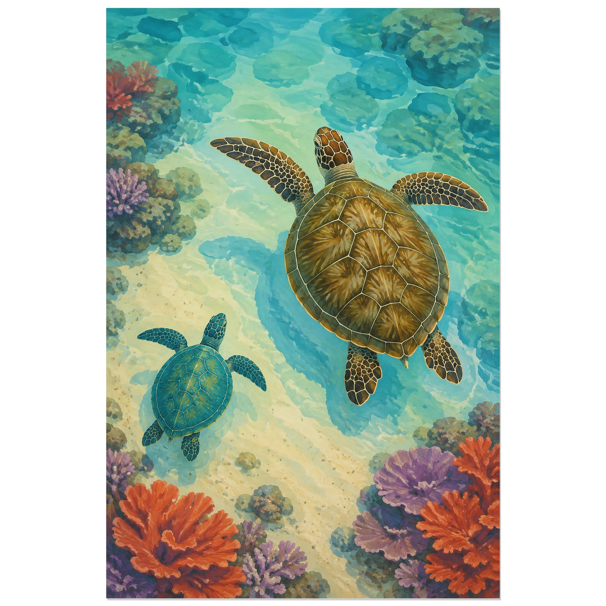 Affiche Tortues marines – Le lagon corallien, gouache naturaliste / illustration sous-marine verticale, format 30 × 45 cm