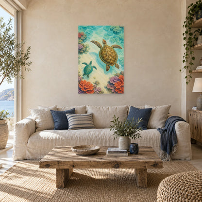 Affiche Tortues marines - Le lagon corallien dans un salon - Art Virtuoso