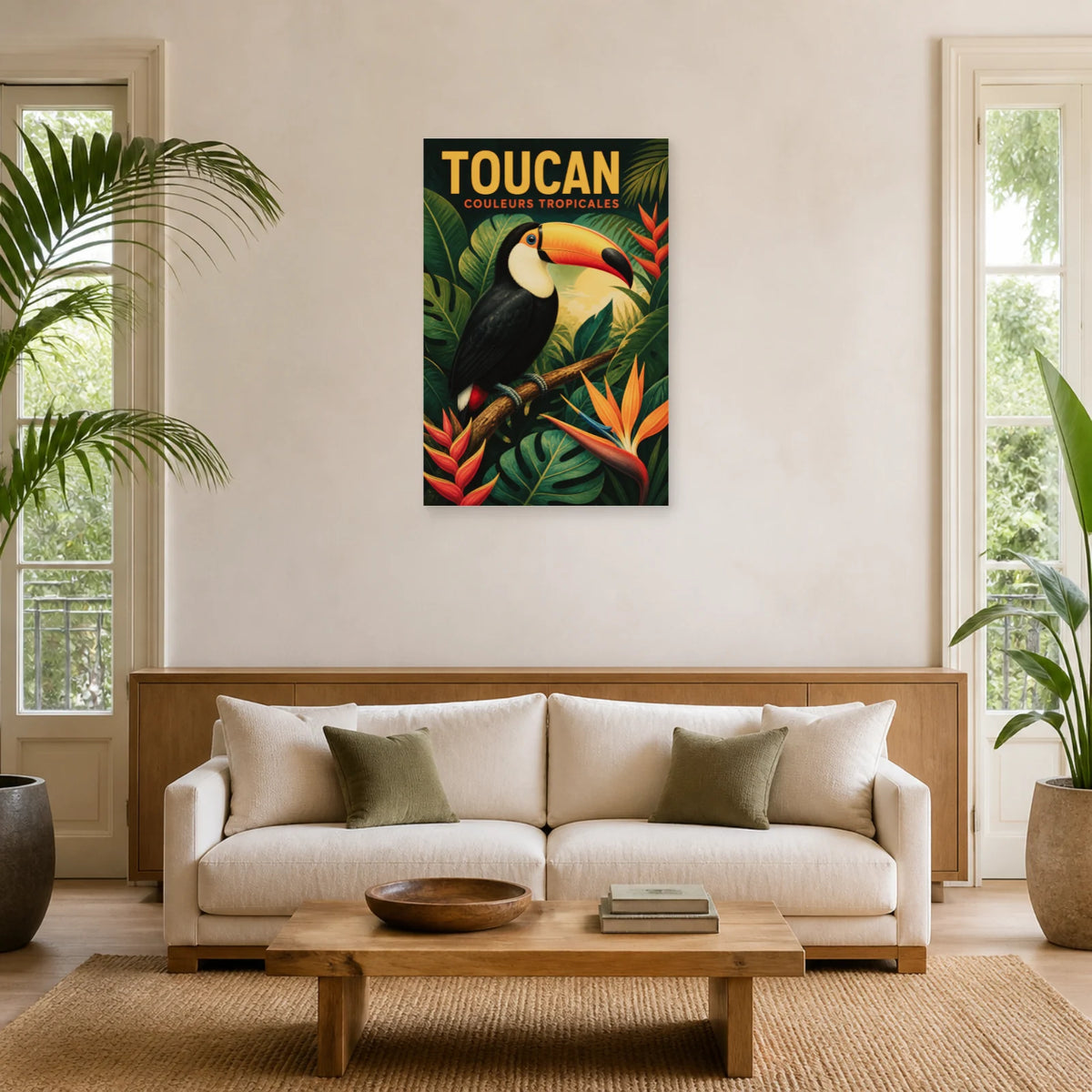 Affiche Toucan – Feuillage tropical dans un salon - Art Virtuoso