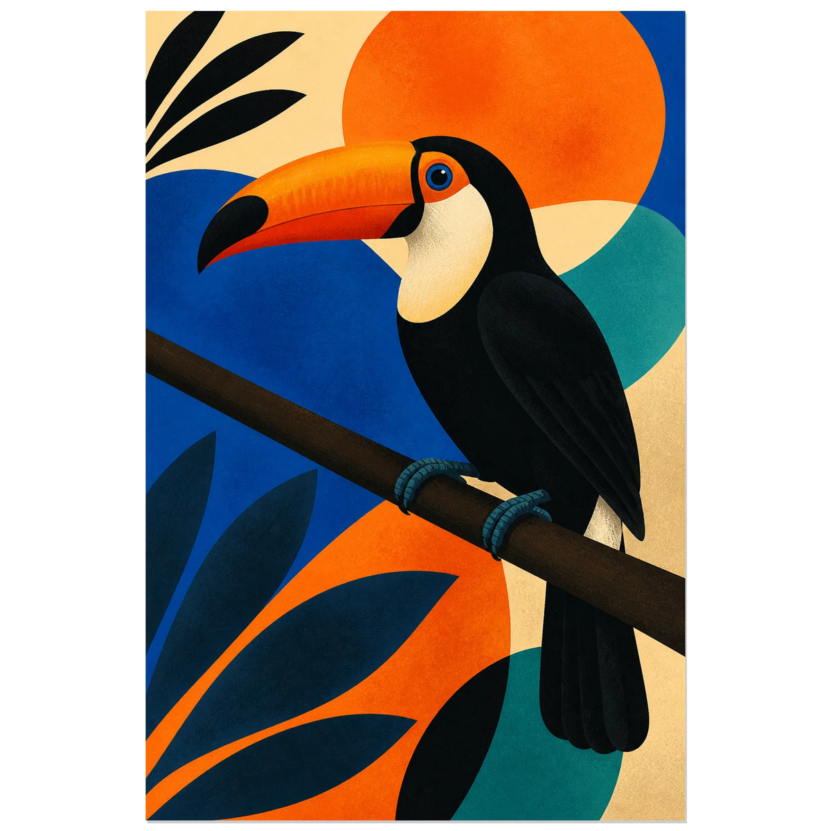 Affiche Toucan moderniste orange et noir, illustration moderniste tropicale en aplats francs verticale, format 60 × 90 cm