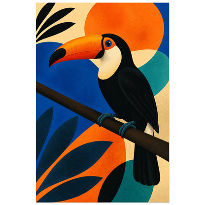 Affiche Toucan moderniste orange et noir, illustration moderniste tropicale en aplats francs verticale, format 60 × 90 cm